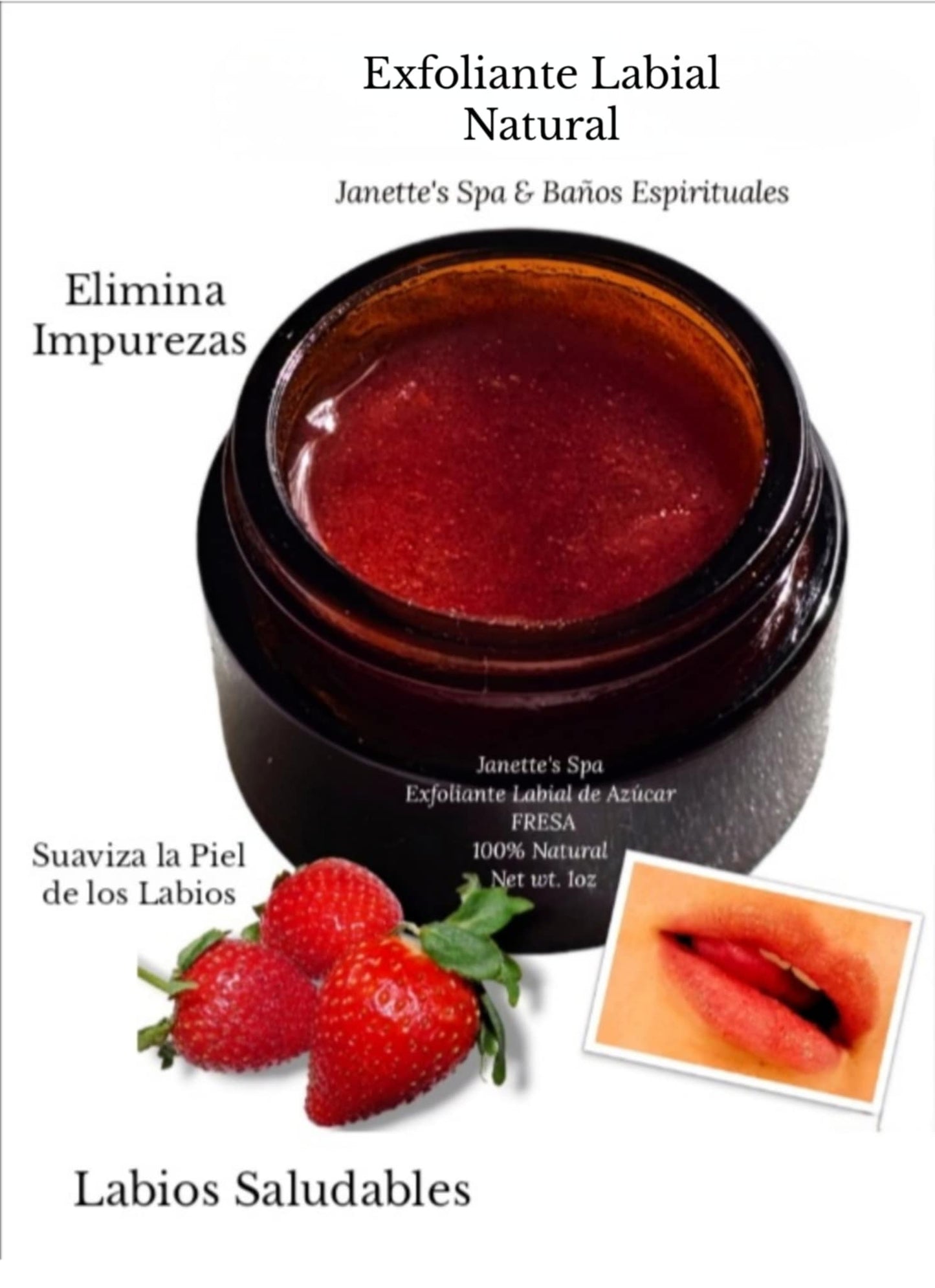 Exfoliante Labial de Fresas, Elimina Impurezas, Suaviza, Alisa y  Labios Saludables