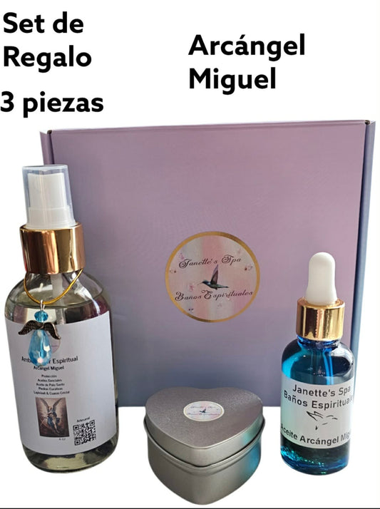Set de Regalo con Vela del Arcángel Miguel, Ambientador Espiritual y Aceite Espiritual